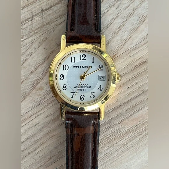 Milan Ladies Watch Vintage Gold Tone Case w/Date Silver Dial Tan Leather Strap Timeless Leather Milan Ladies Watch - Etsy main image 2